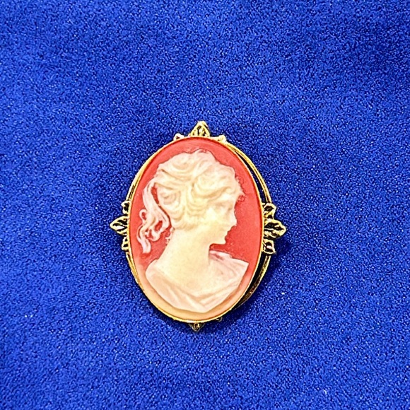 Vintage Gold Tone Framed Cameo Pin and Earring Set With Screw Back - Picture 2 of 6